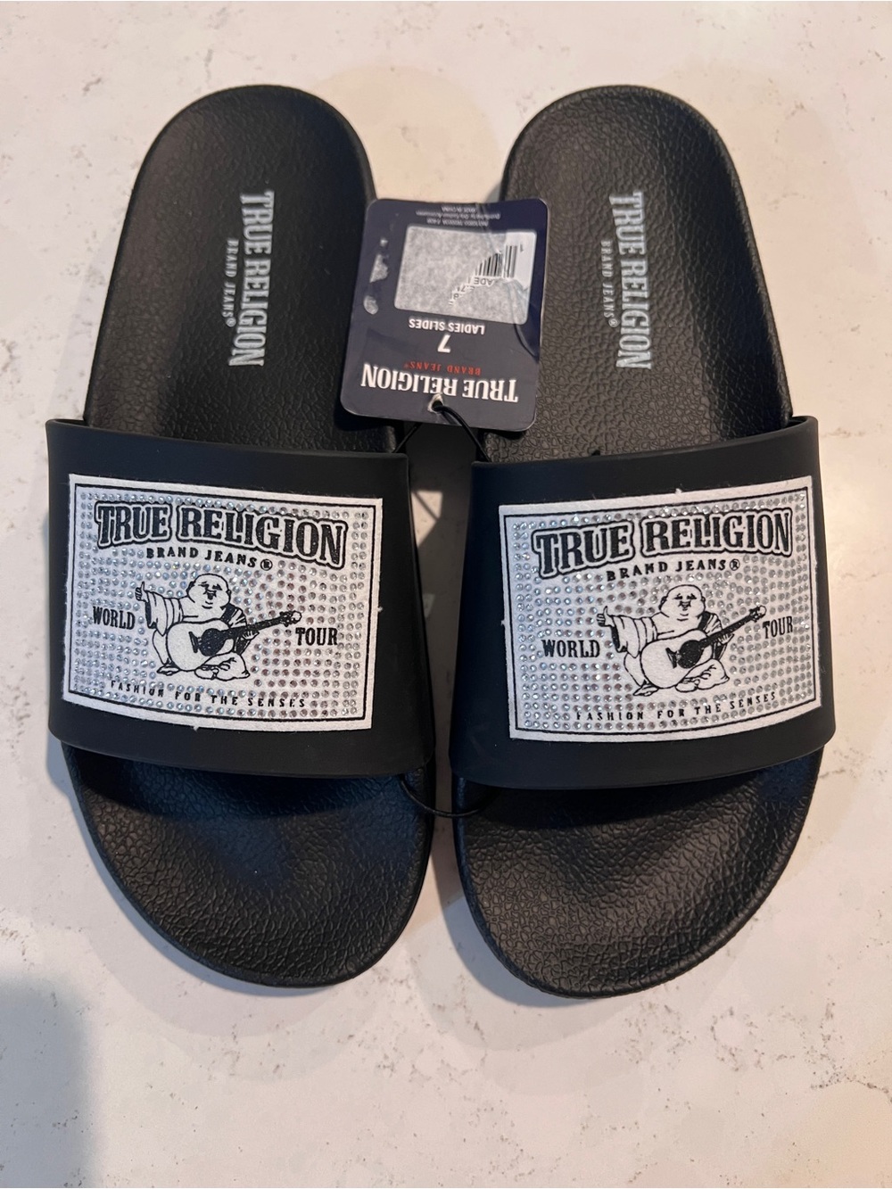 True Religion Blinged Black Slide Sandals with Logo Patch size 7